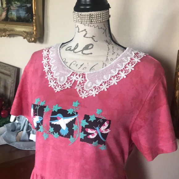 Rare Pink Tie Dye Hummingbird Lace Collar Dress M - Picture 13 of 15